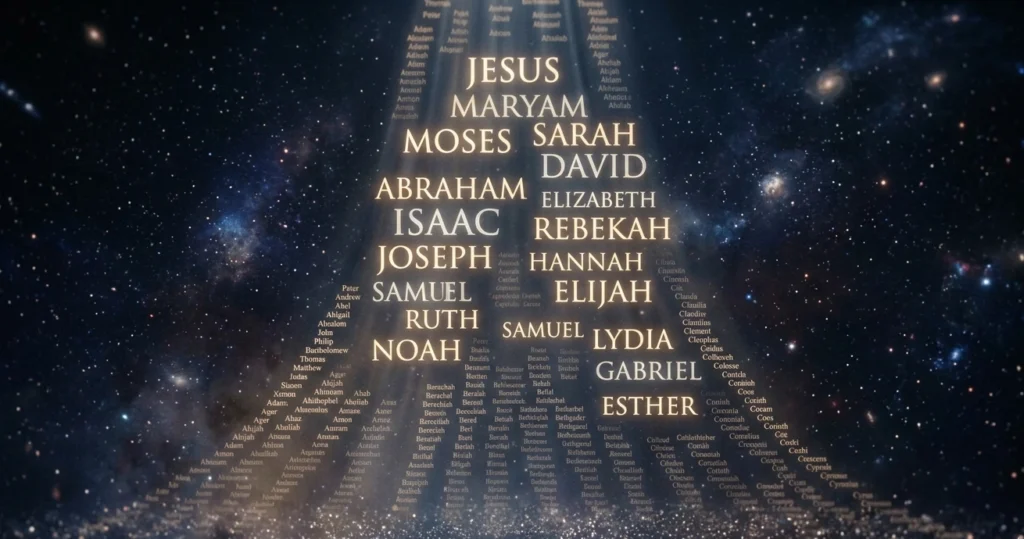 Biblical names coming down from sky in dark space with stars