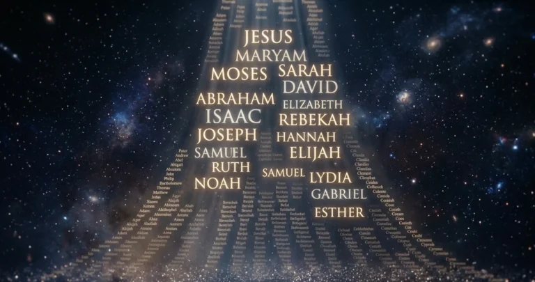 Biblical names coming down from sky in dark space with stars