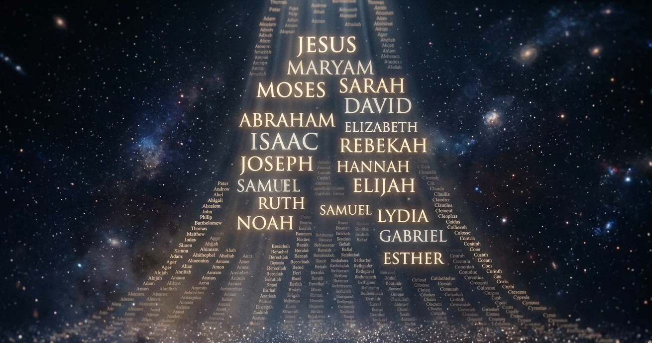 Biblical names coming down from sky in dark space with stars