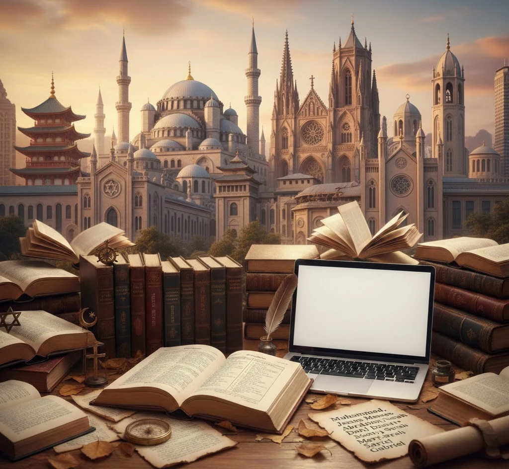 books and laptop in front of mosque, church, synagogue etc for image of religious names list