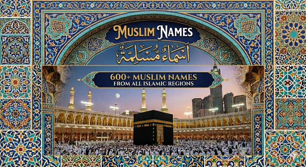 Muslims holy place Makkah in background with Islamic mosaic and Muslim Names written in English and Arabic